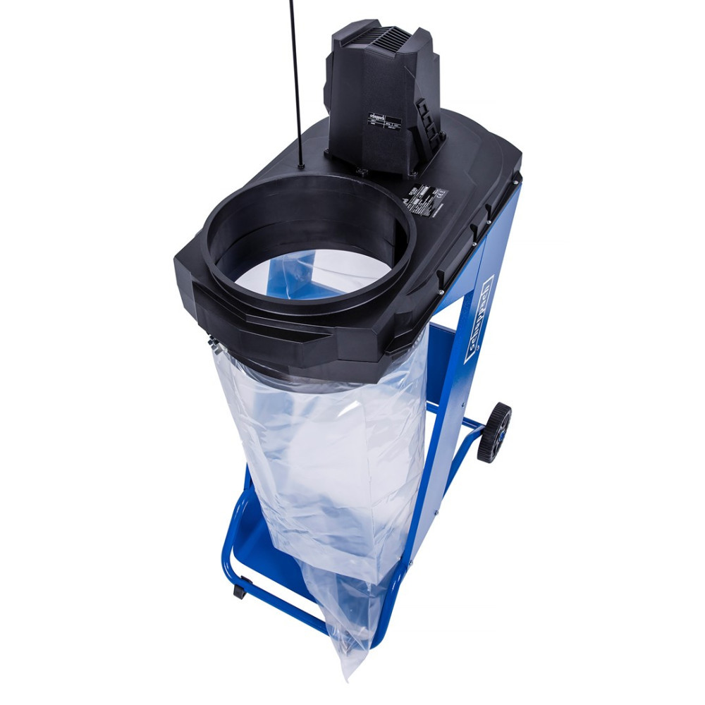 Blauwe bladblazer met zwarte motor en doorzichtige opvangzak op wielen.