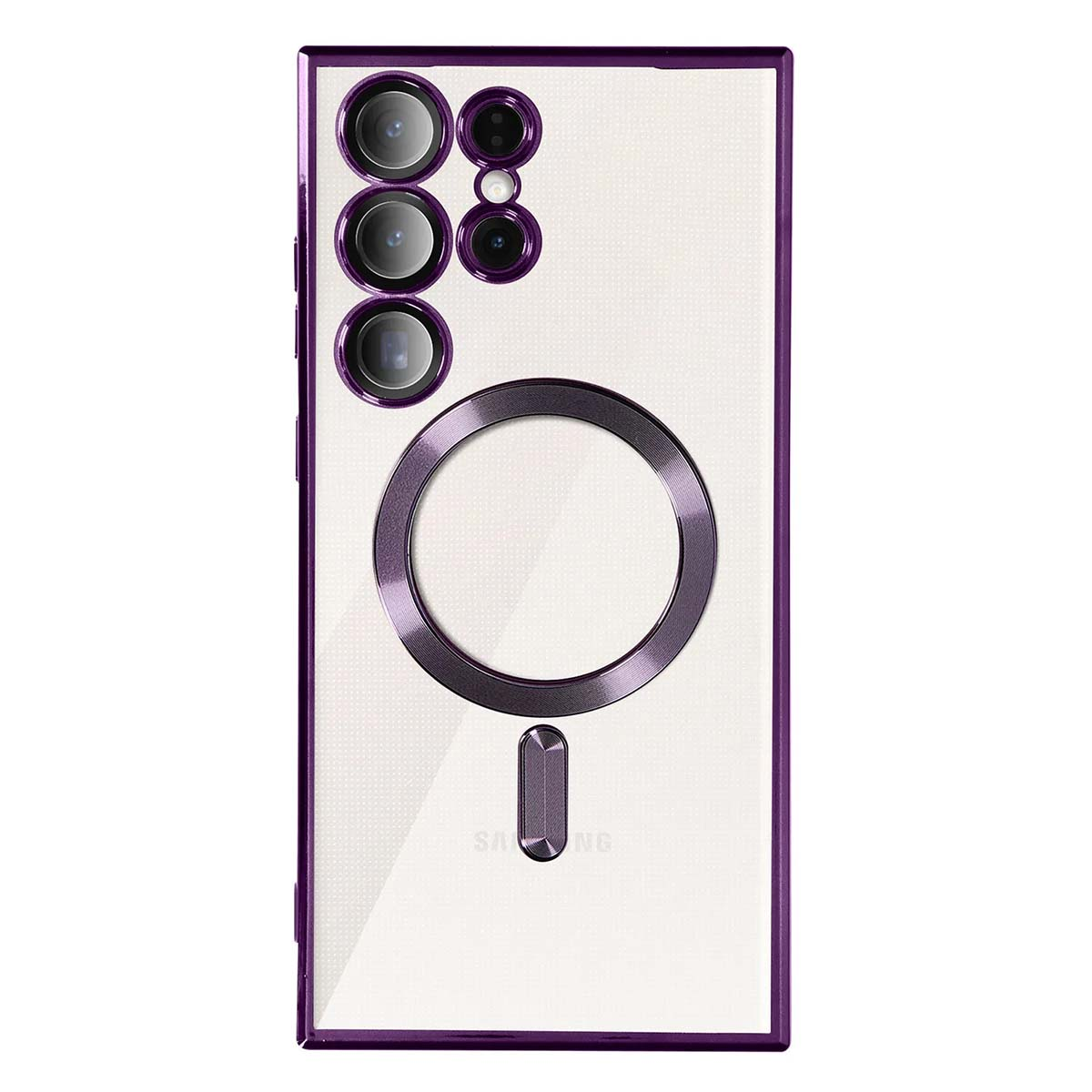 Funda morada con cámaras y anillo magnético sobre fondo blanco.
