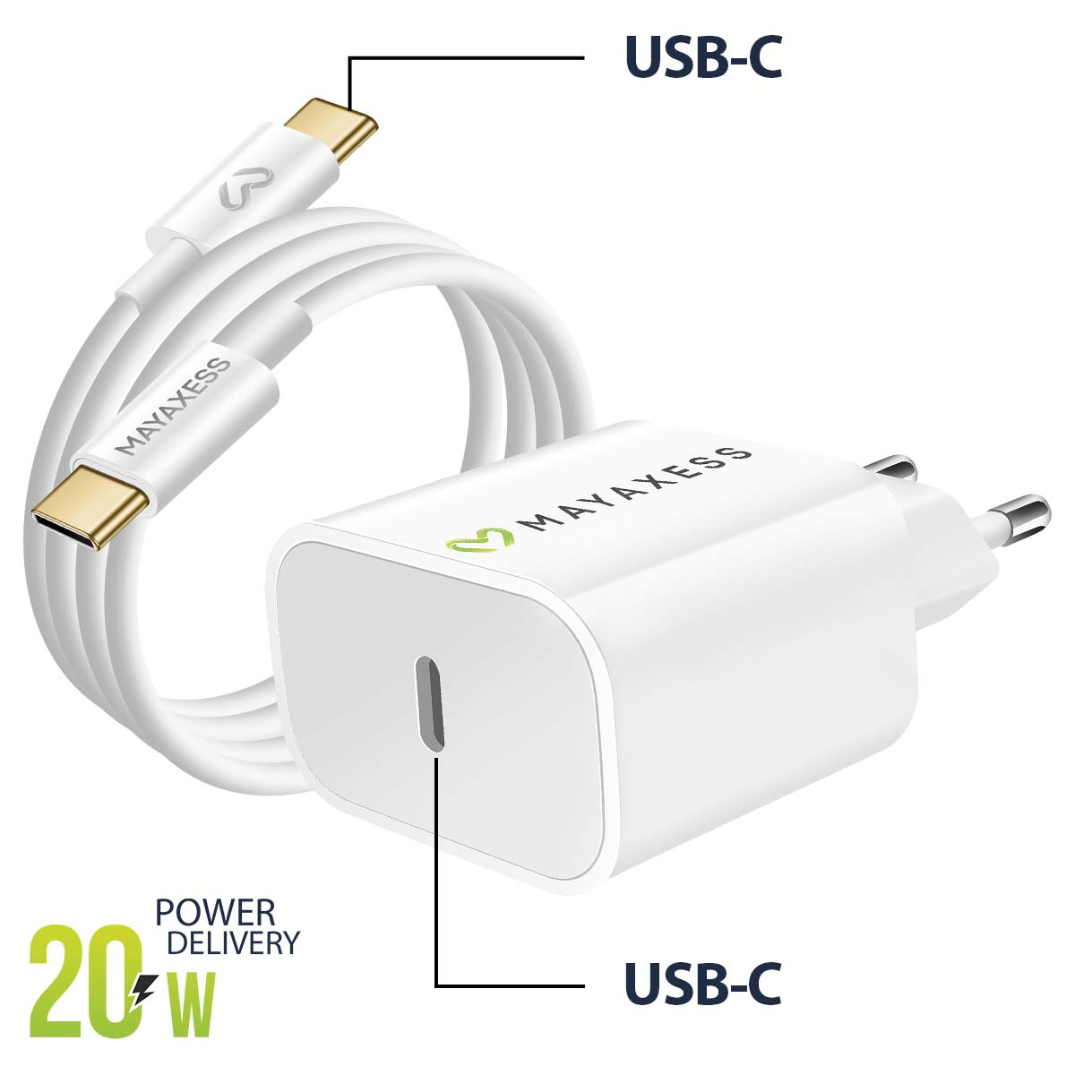 Ein weißes USB-C-Ladegerät mit 20W Power Delivery und einem weißen Kabel.