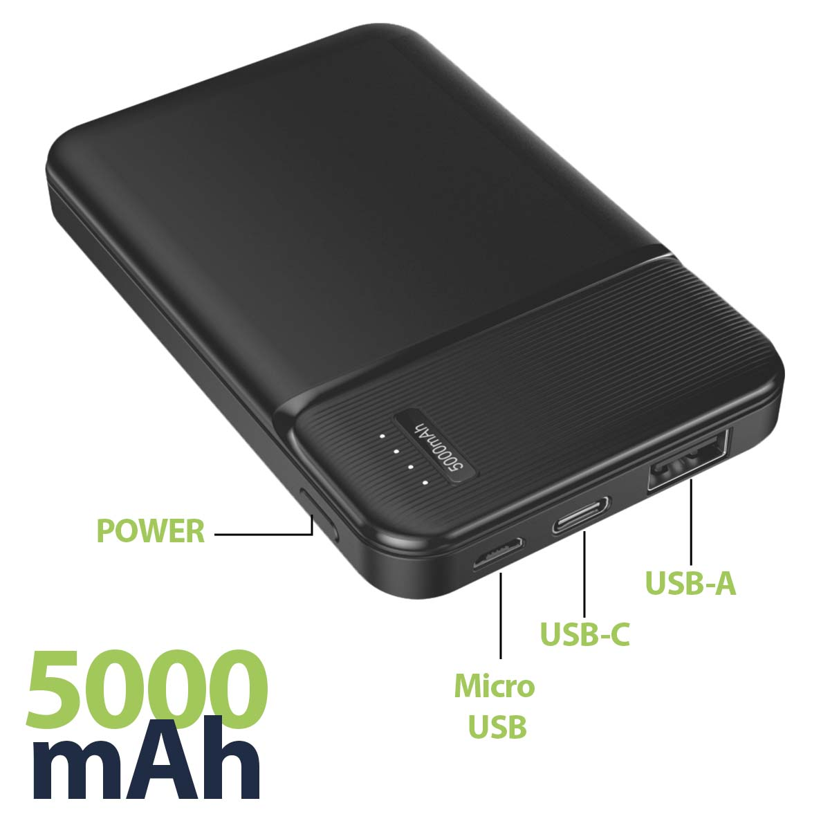 Schwarzes Powerbank mit 5000 mAh, USB-C, Micro-USB und USB-A Anschlüssen.