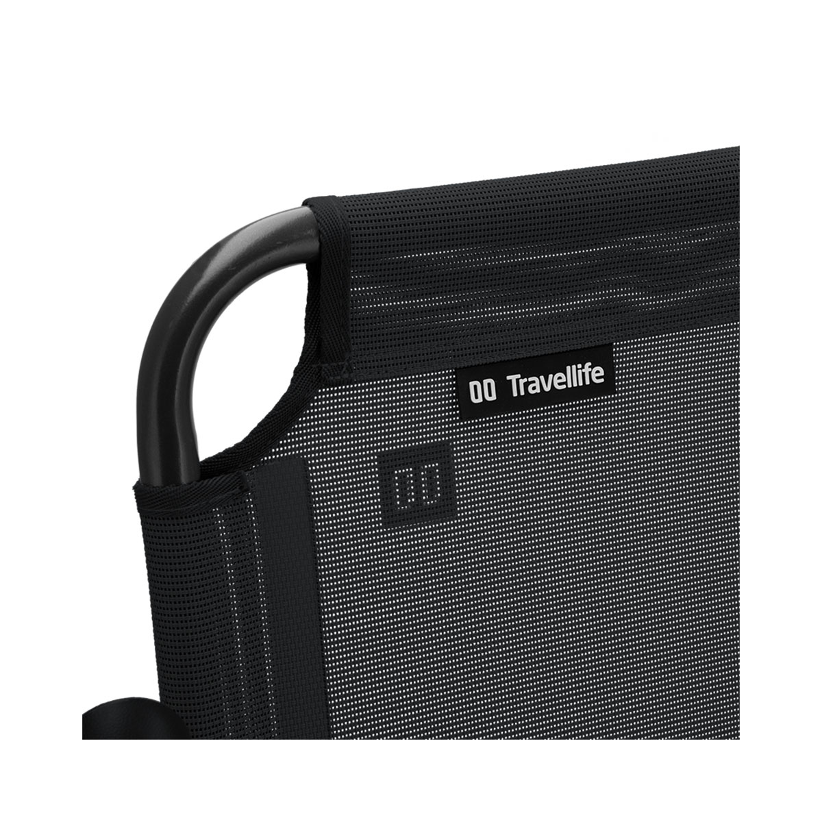 Close-up of black mesh fabric with a "00 Travellife" logo and a "00" display.