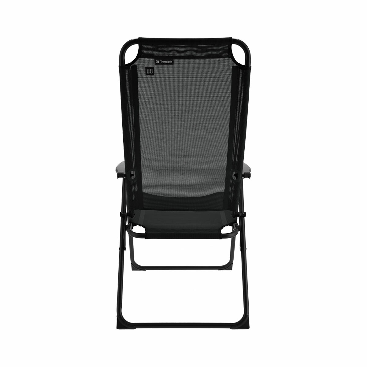 A black folding lounge chair with a mesh back and seat.