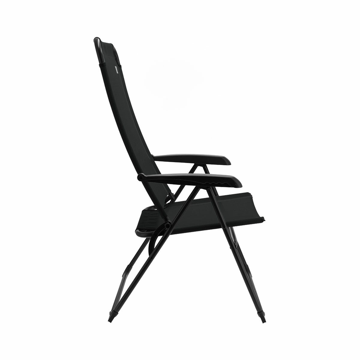 Black folding chair with metal frame and fabric seat, viewed from the side.