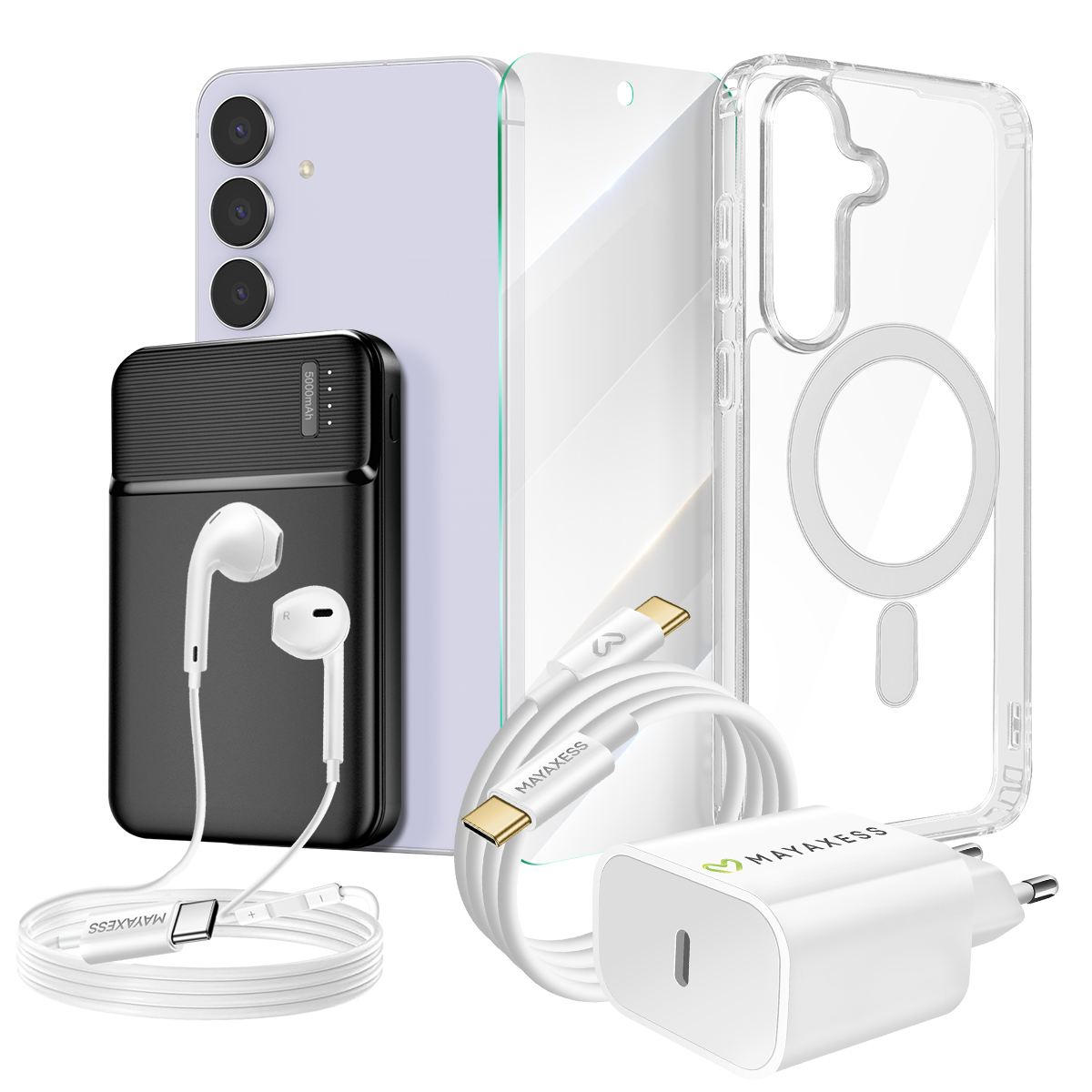 Smartphone-Zubehör: Handy, Powerbank, Kopfhörer, Schutzhülle, Ladekabel, Ladegerät.