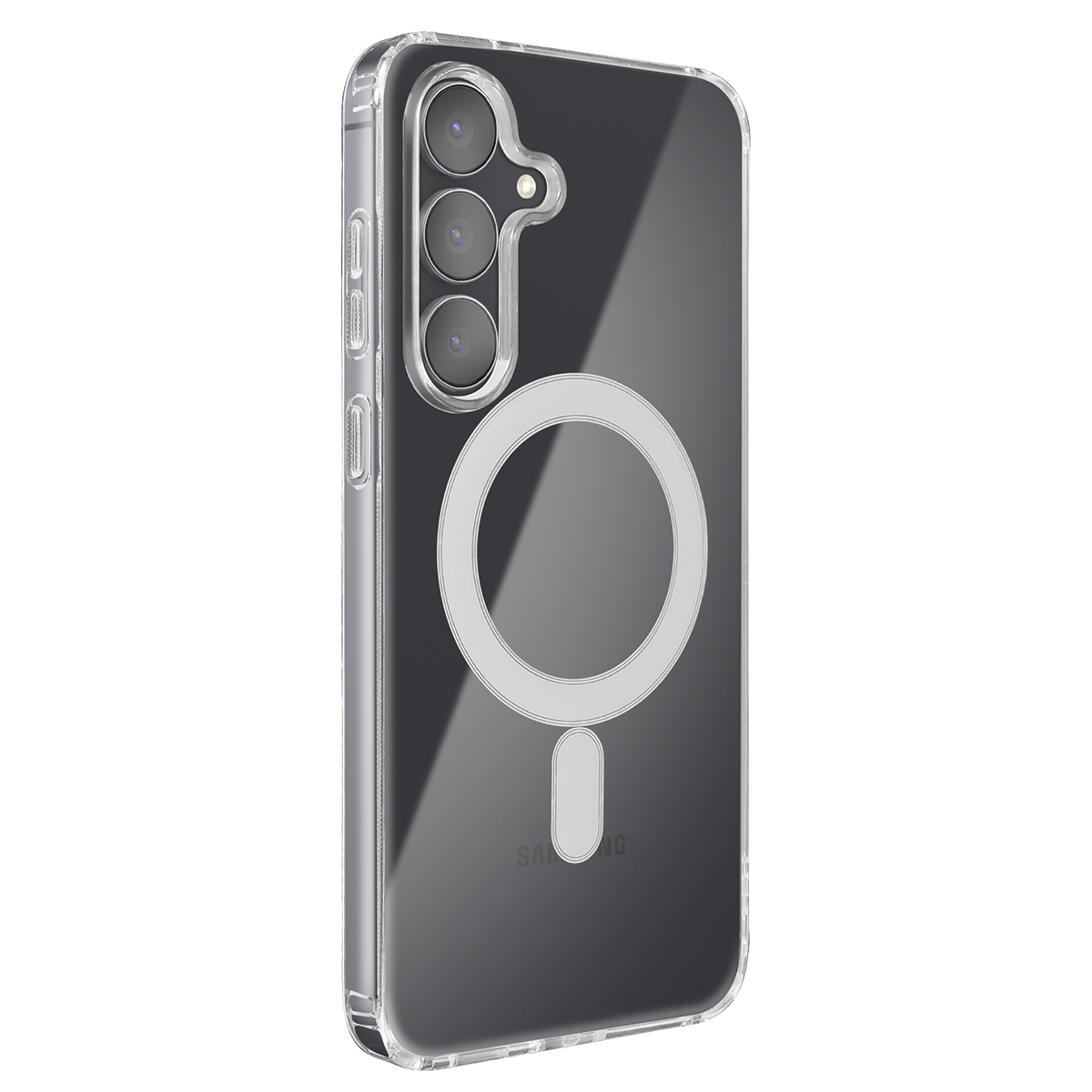 Transparente Handyhülle mit MagSafe-Ring und drei Kameralinsen.