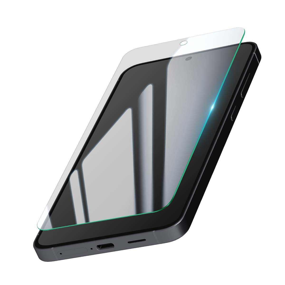 Ein schwarzes Smartphone mit einer Displayschutzfolie, die darauf liegt.