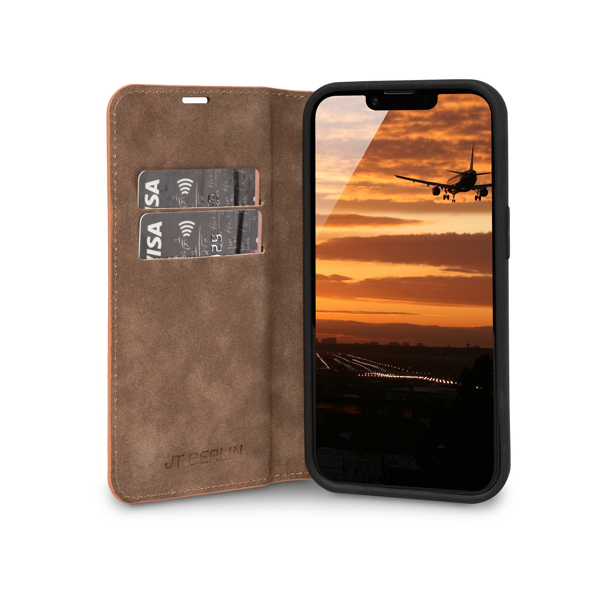 Ein braunes Handycover mit Kartenfächern und einem Flugzeug im Sonnenuntergang.