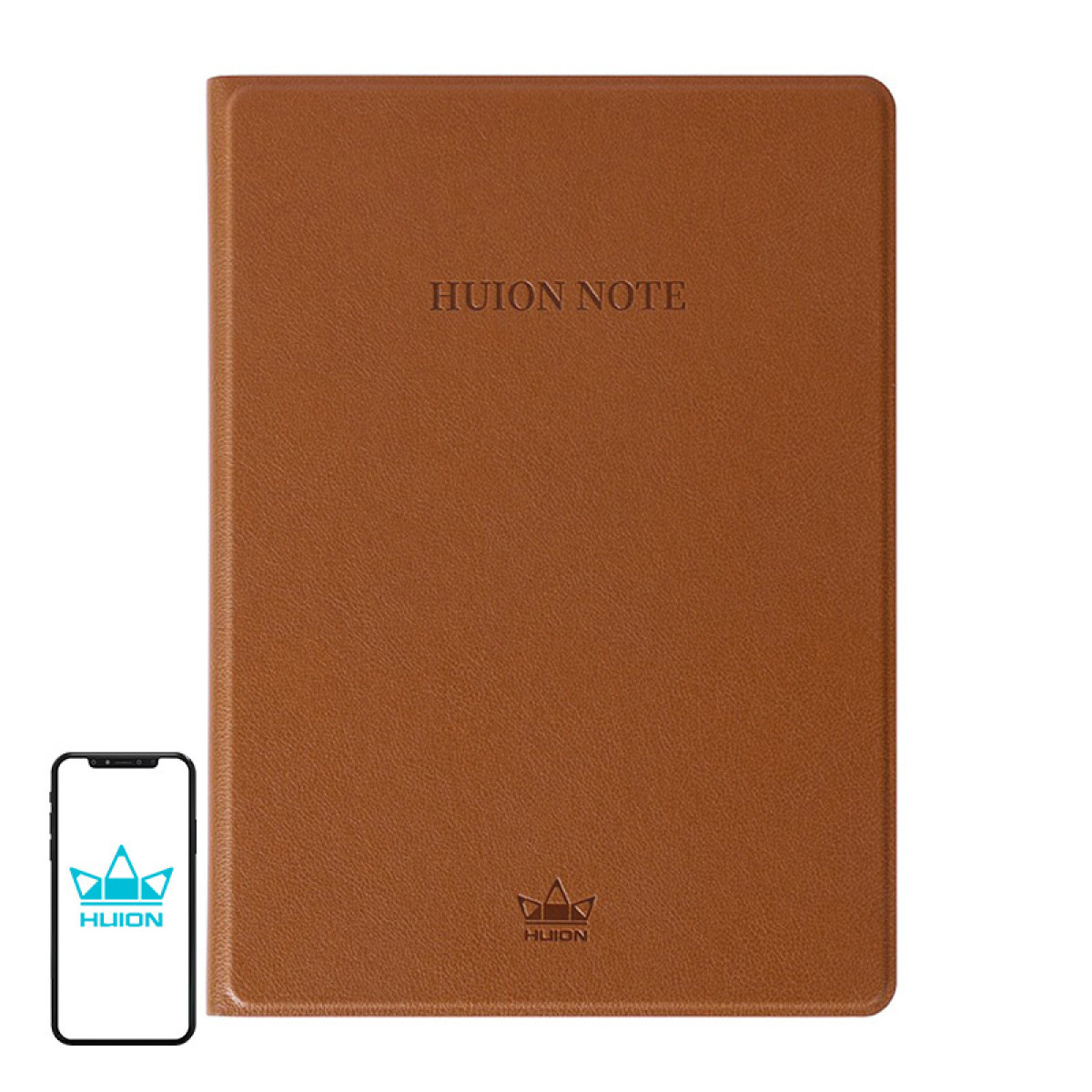 Un taccuino marrone con etichetta HUION NOTE e uno smartphone.