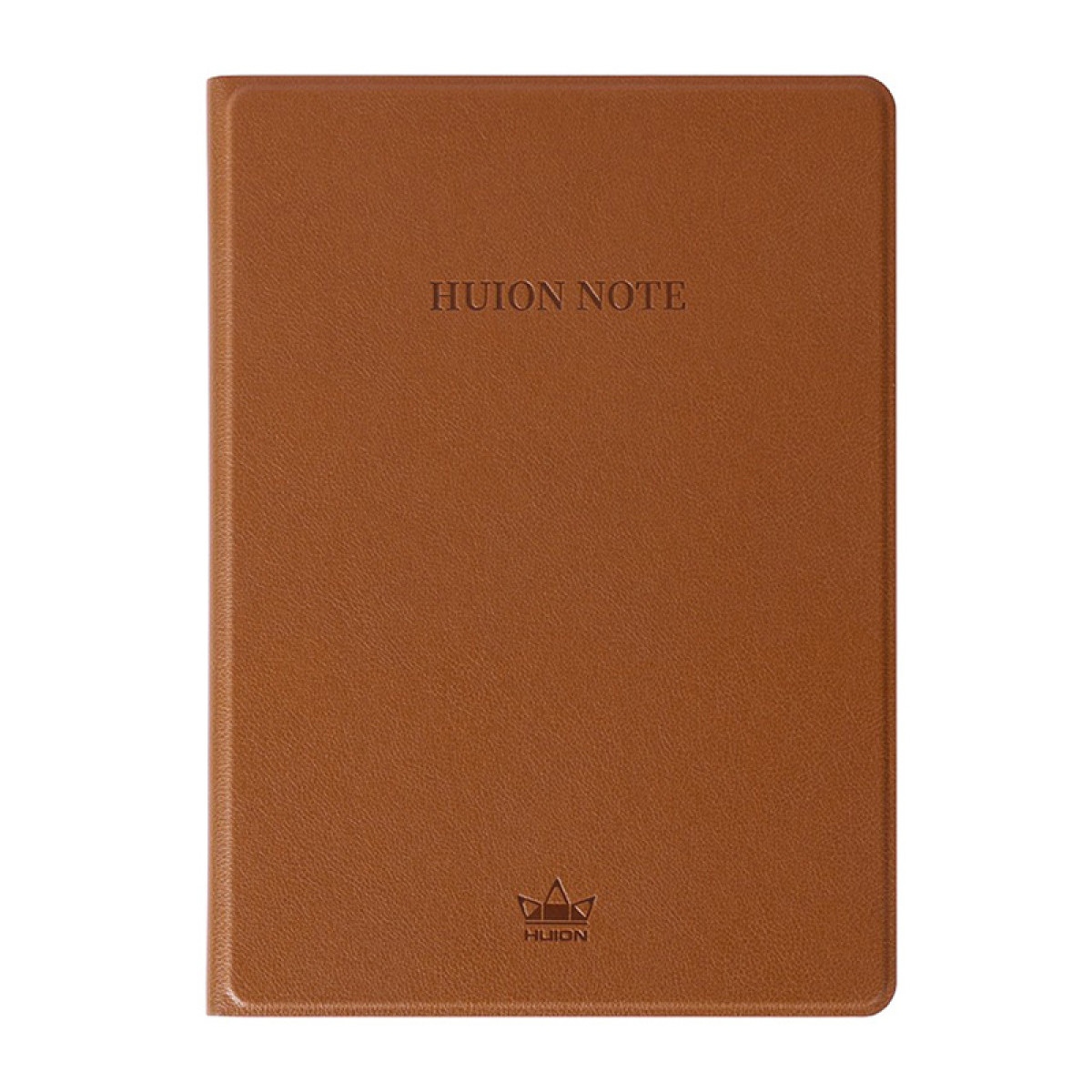 Una copertina in pelle marrone con testo HUION NOTE e un logo.