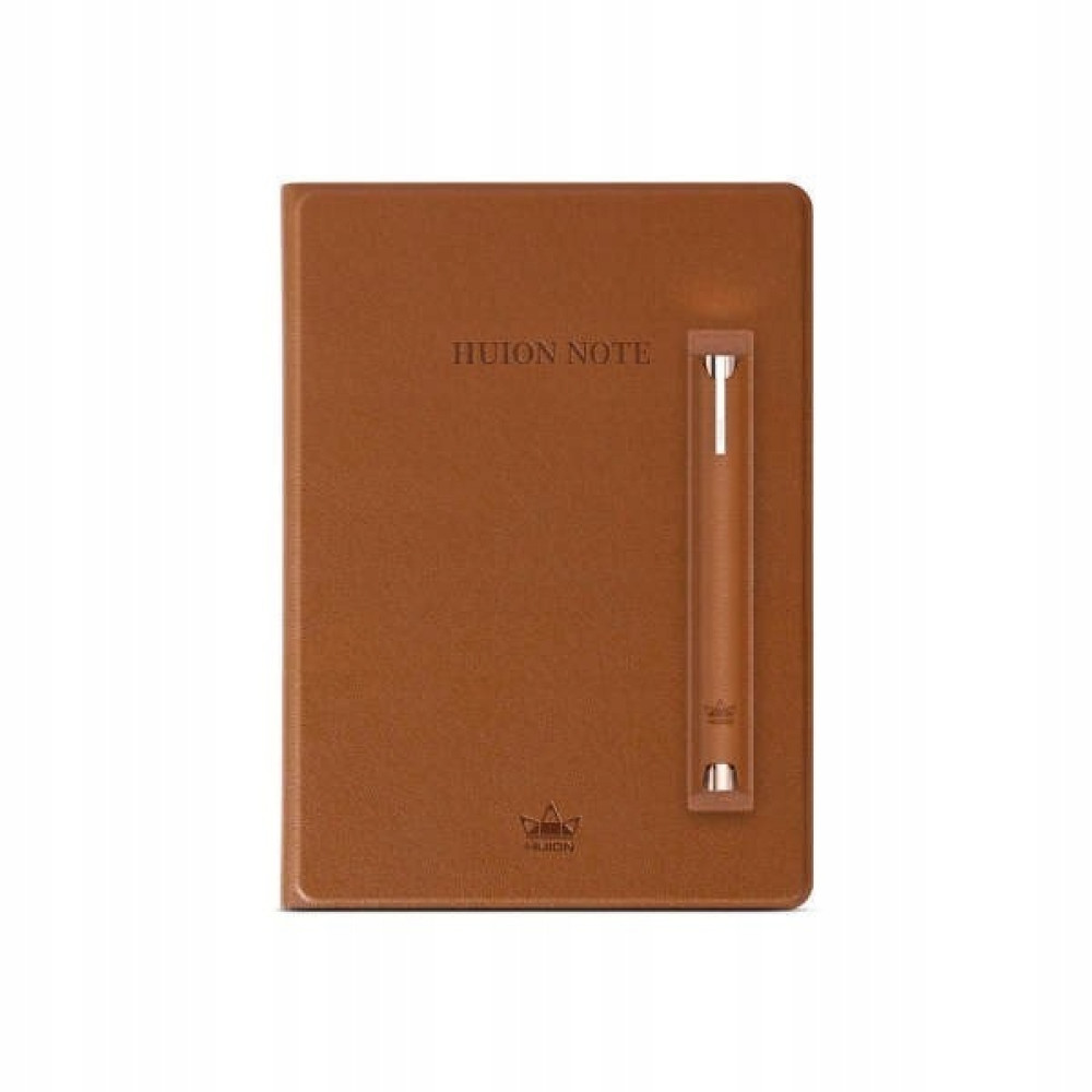 Taccuino marrone con portapenne e scritta HUION NOTE.