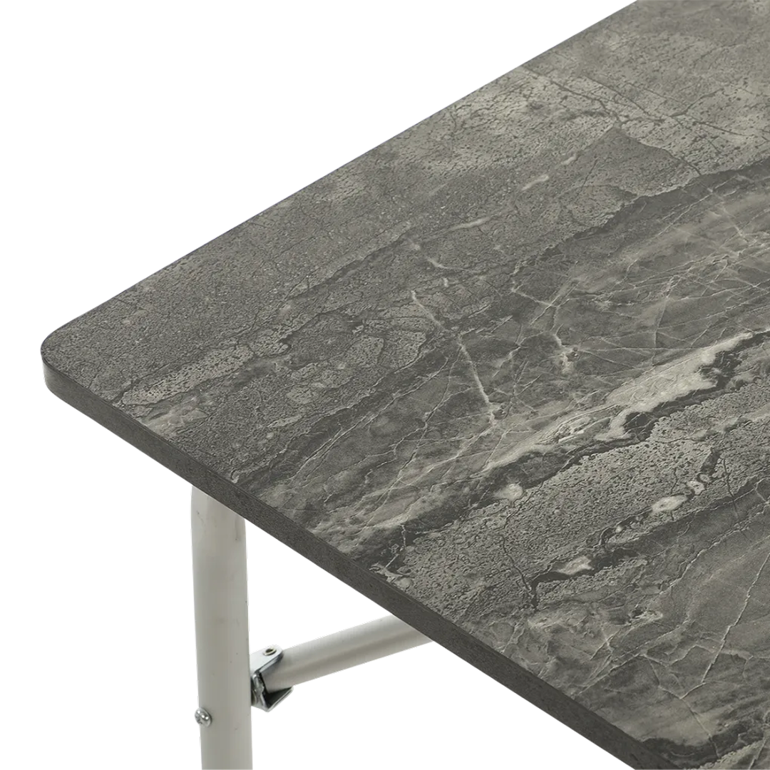 Gray tabletop with marble pattern and white metal leg.