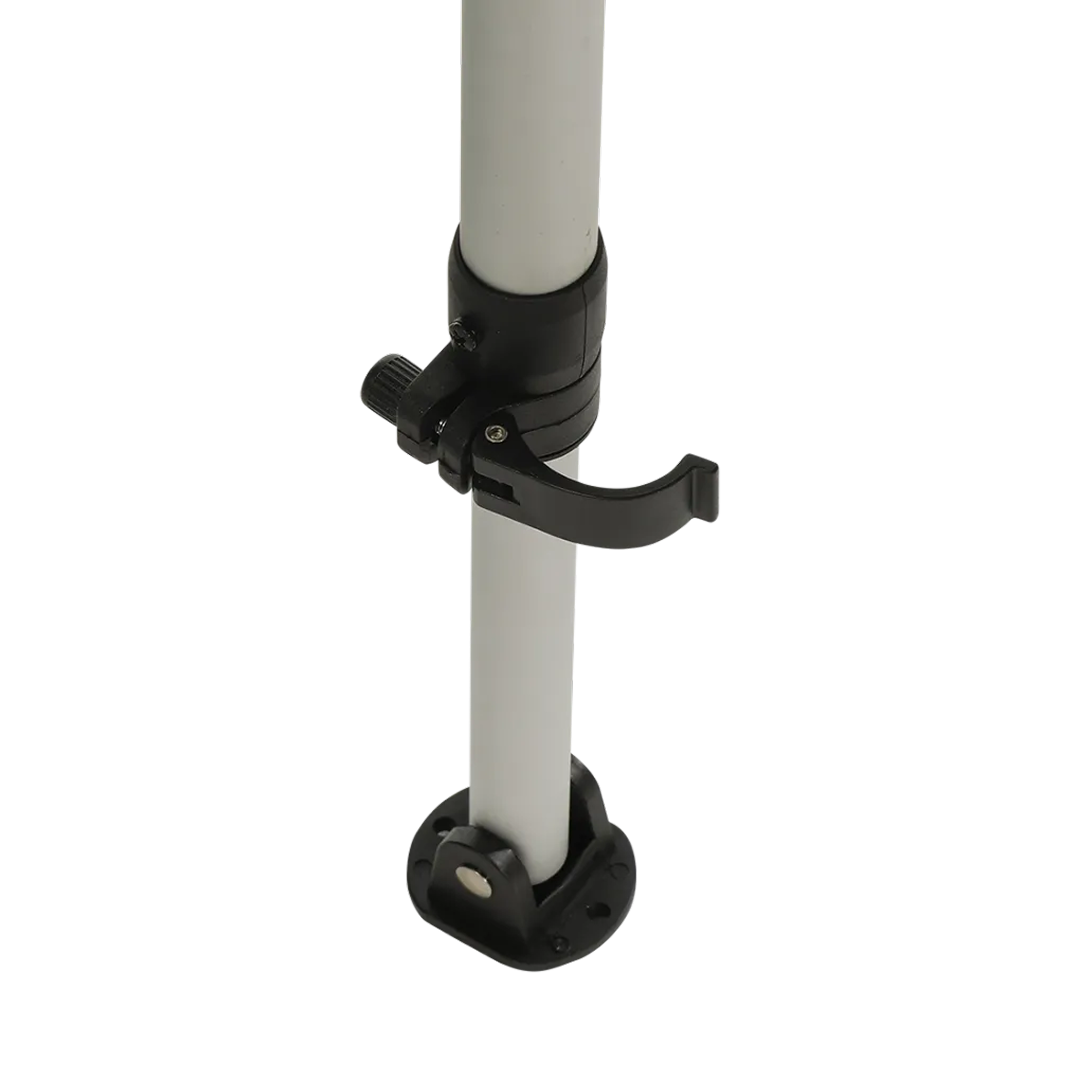 A gray pole with a black clamp mechanism and a lever.