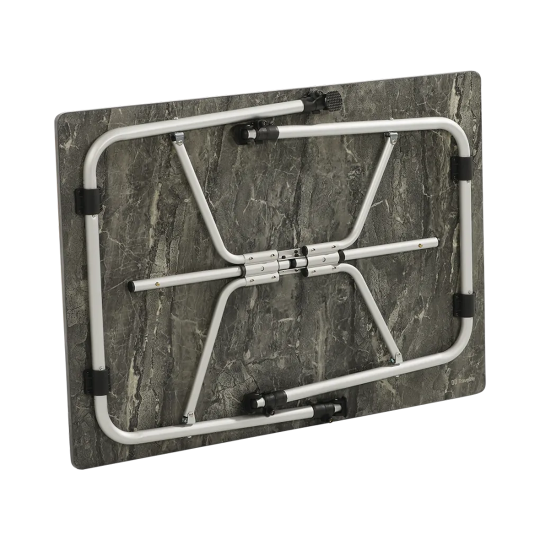 A foldable tabletop with a gray marble pattern and a silver metal frame.