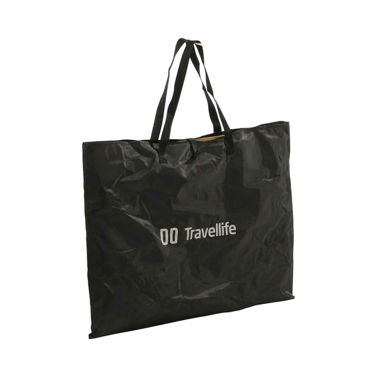 Black tote bag with handles and '00 Travellife' print.