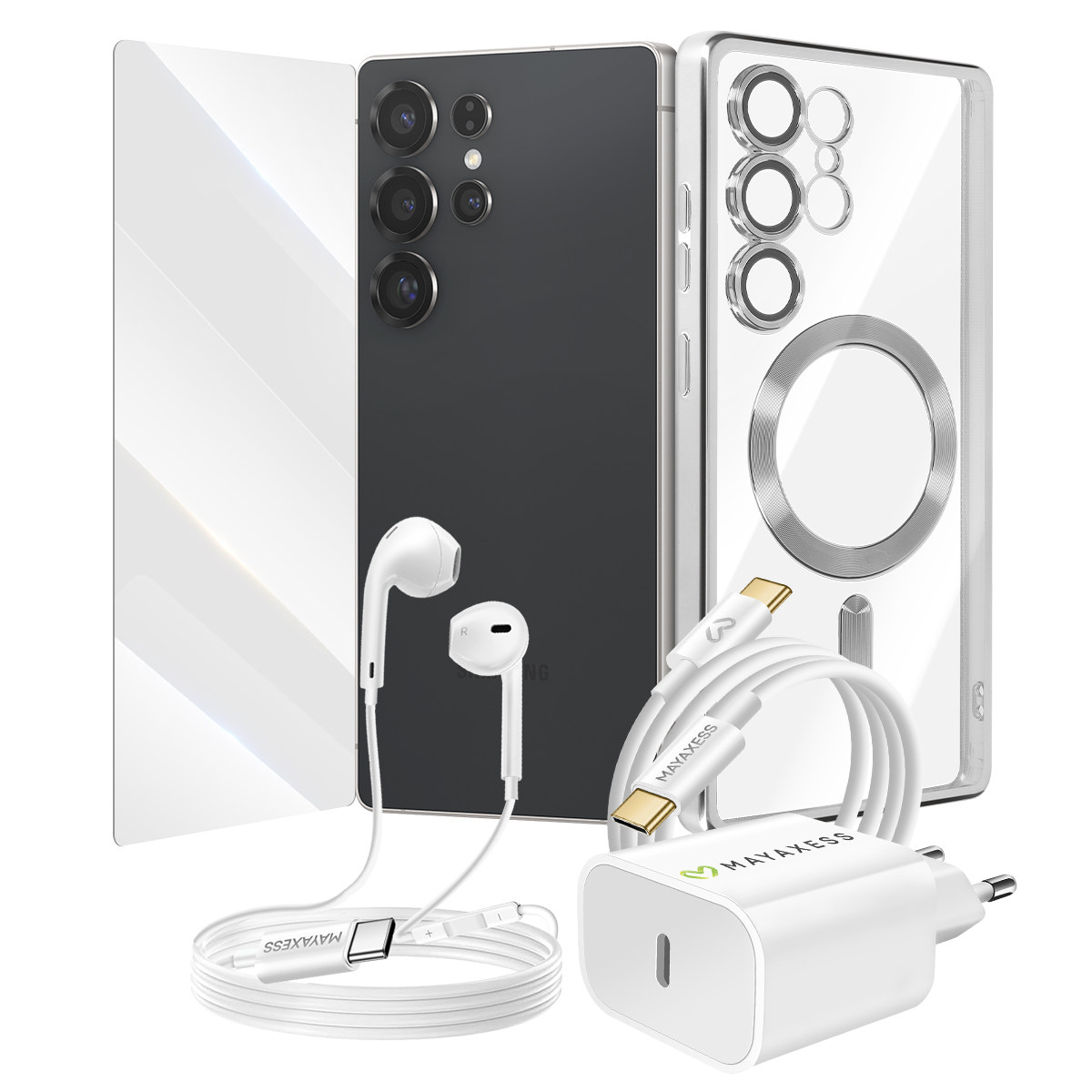 Smartphone mit Kameras, Hülle, Kopfhörern, Ladekabel und Netzteil.