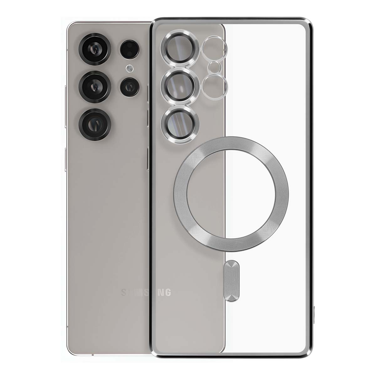 Ein silbernes Smartphone mit mehreren Kameras und einer Hülle mit Magnetring.