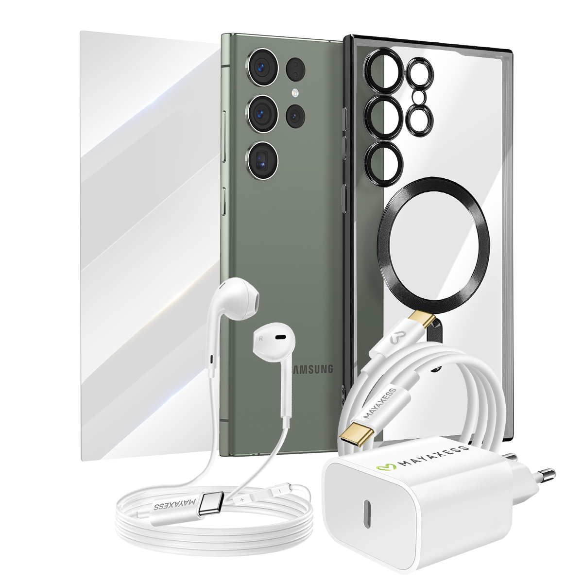 Grünes Smartphone mit Kameras, Ohrhörern, Kabel und Ladegerät.