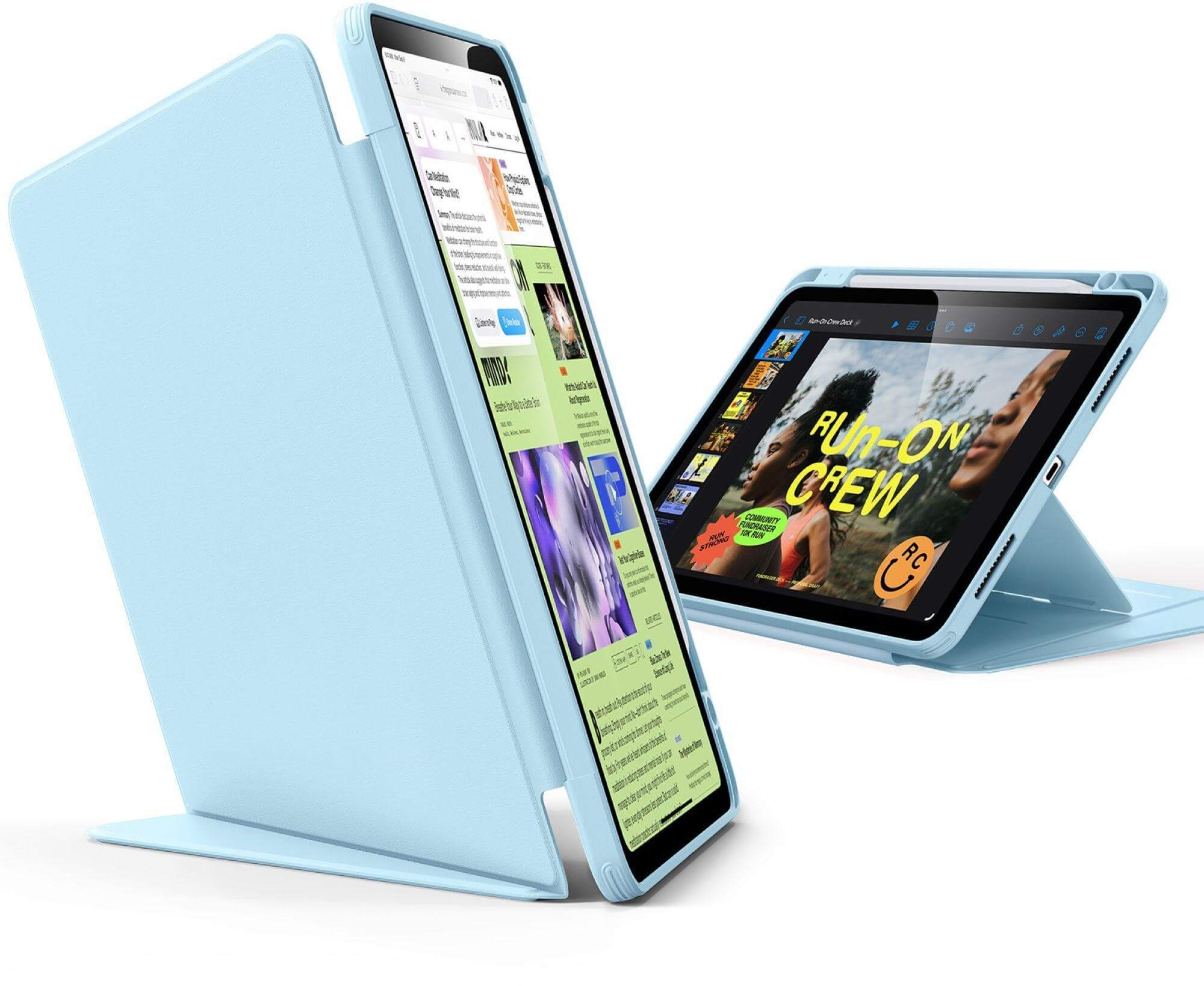 Due tablet azzurri con penne in piedi, uno mostra testo, l'altro un'immagine.