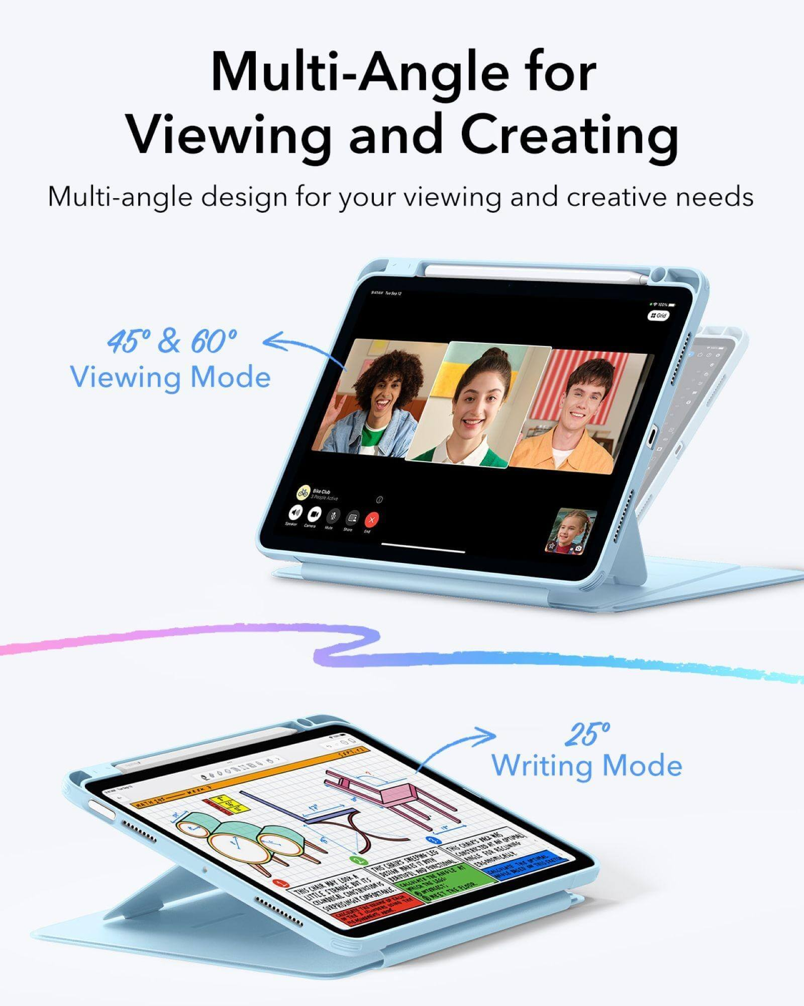 Un tablet azzurro mostra una videochiamata e un'app di note da diverse angolazioni.