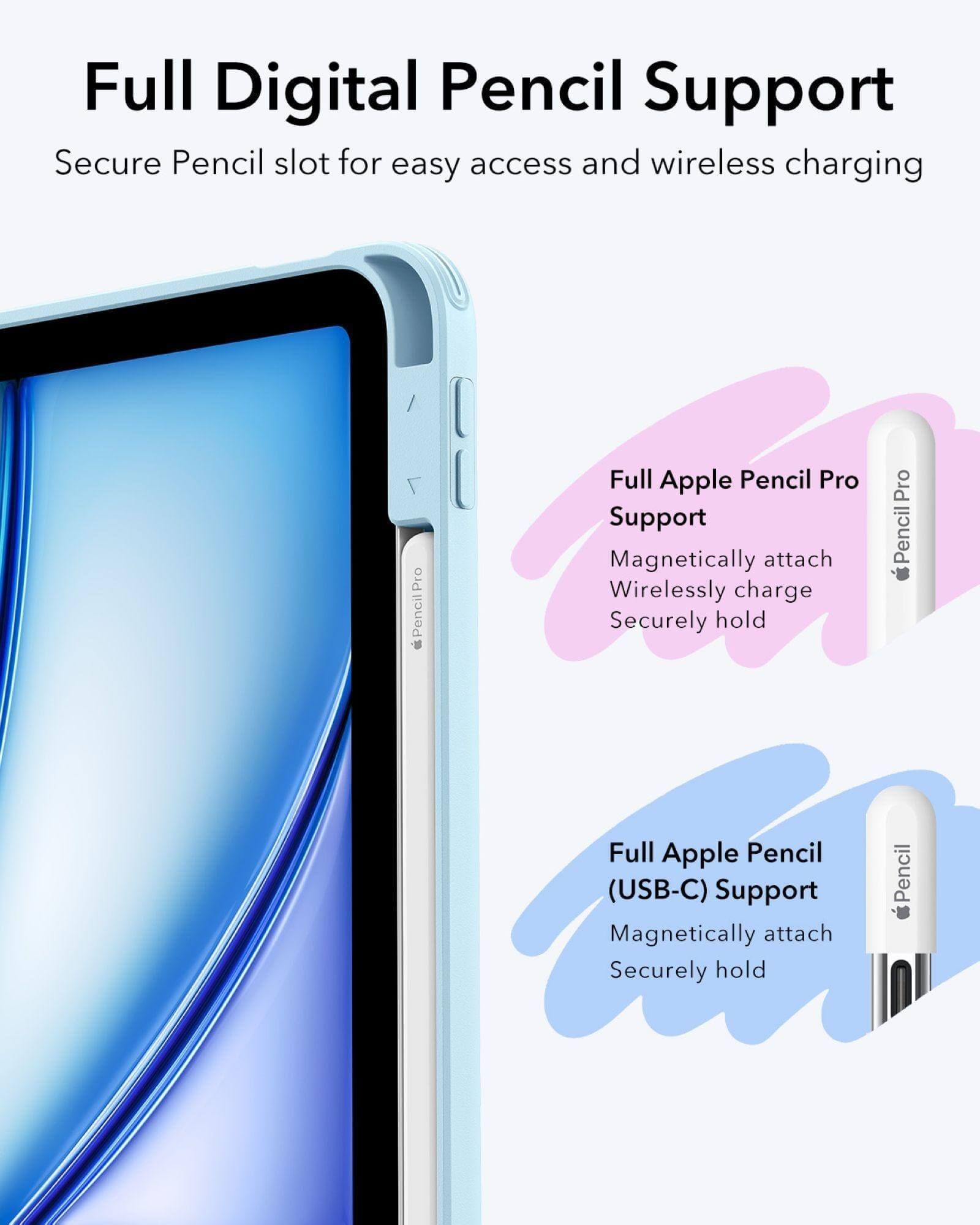 Custodia azzurra per tablet con Apple Pencil Pro e Pencil USB-C.