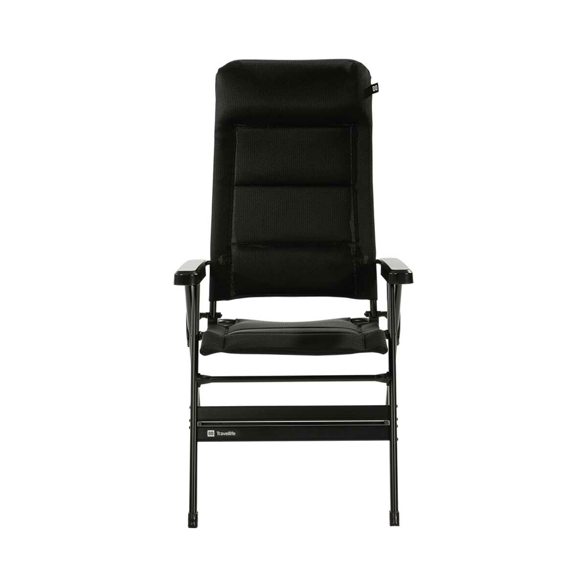 A black high-back camping chair with armrests and a padded seat.