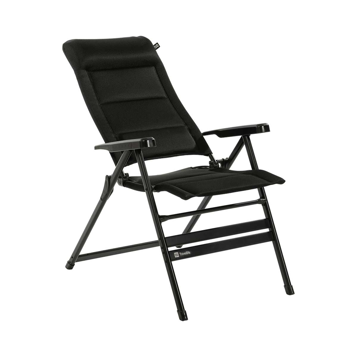 Black foldable camping chair with armrests and padded seat. Minimalist design.