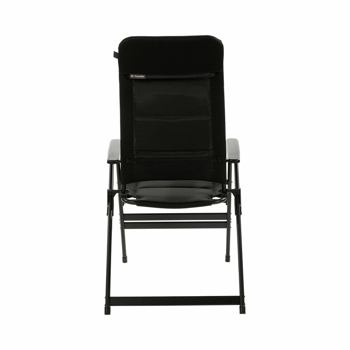 Black camping chair with a high back and Travelite logo.
