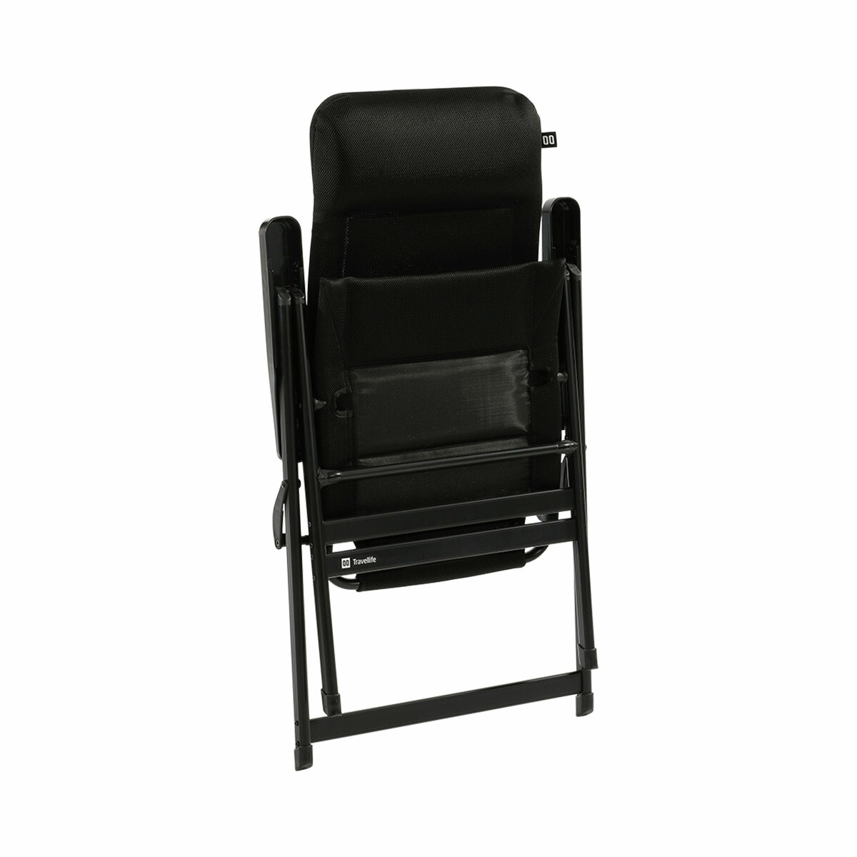 Black folding chair with metal frame and fabric seat, shown from the back.