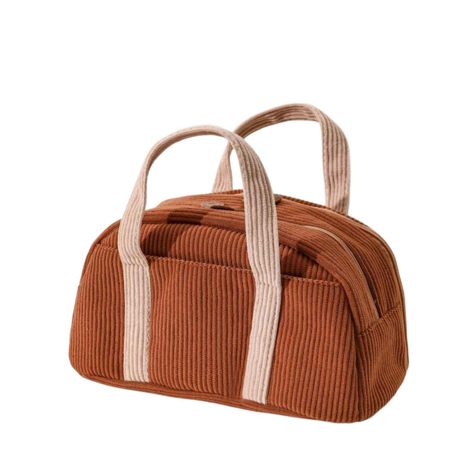 Eine braune Kordeltasche mit zwei beigen Griffen, auf weißem Hintergrund.