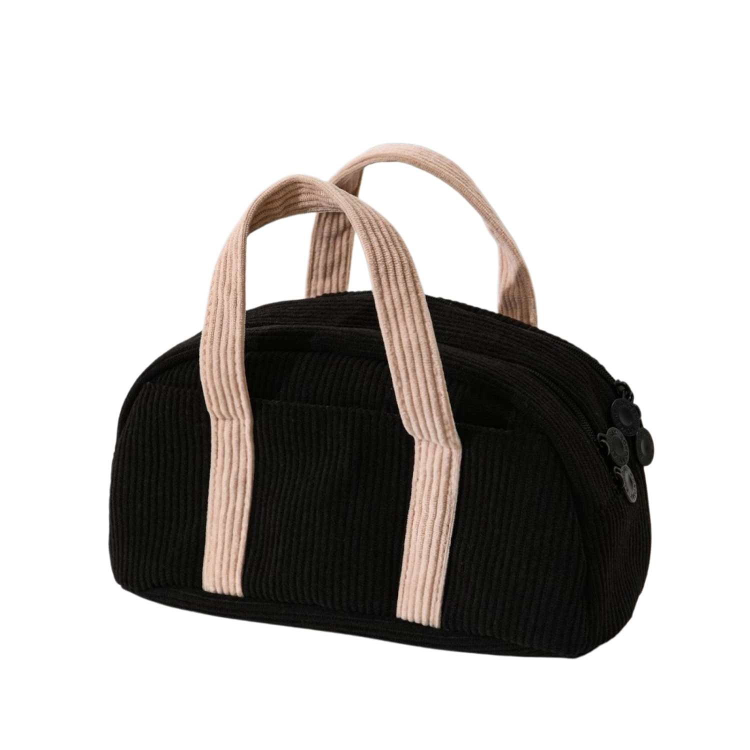Schwarze Cordtasche mit hellbeigen Griffen und Reißverschluss.