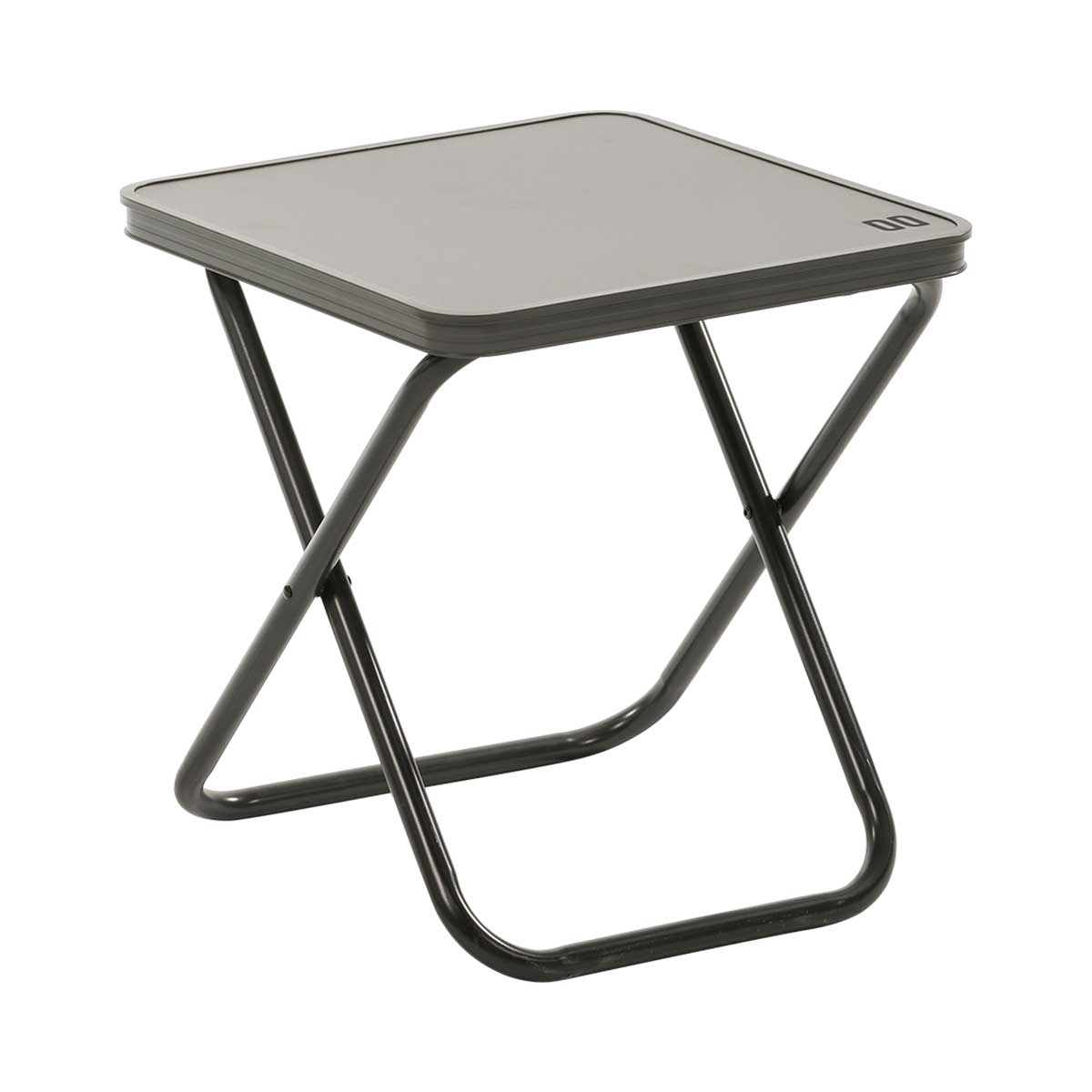 A small, gray, foldable table with black metal legs.