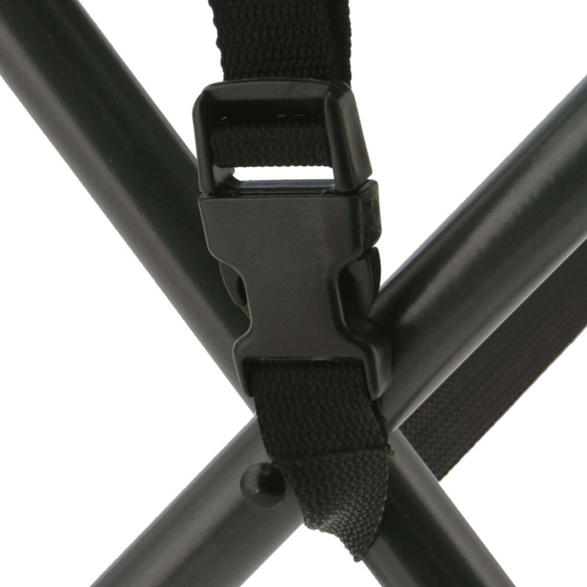 A black strap with a buckle is attached to dark metal tubes.
