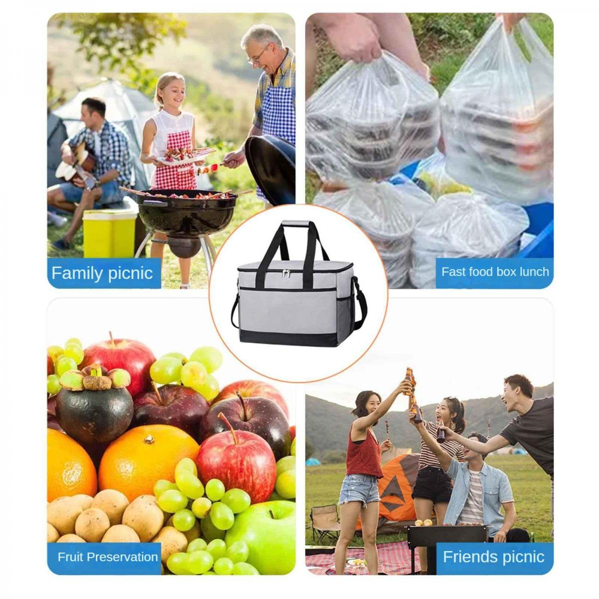 Eine Familie genießt ein Picknick, schnelle Essensboxen, Obst und Freunde beim Picknick.