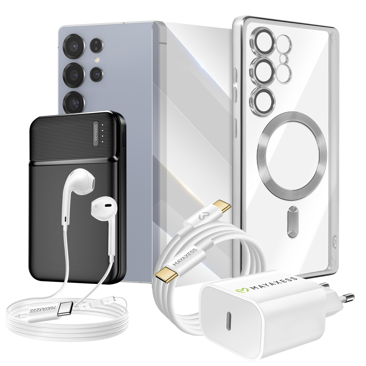 Smartphone, Powerbank, Kopfhörer, Ladegerät und Hülle auf weißem Hintergrund.