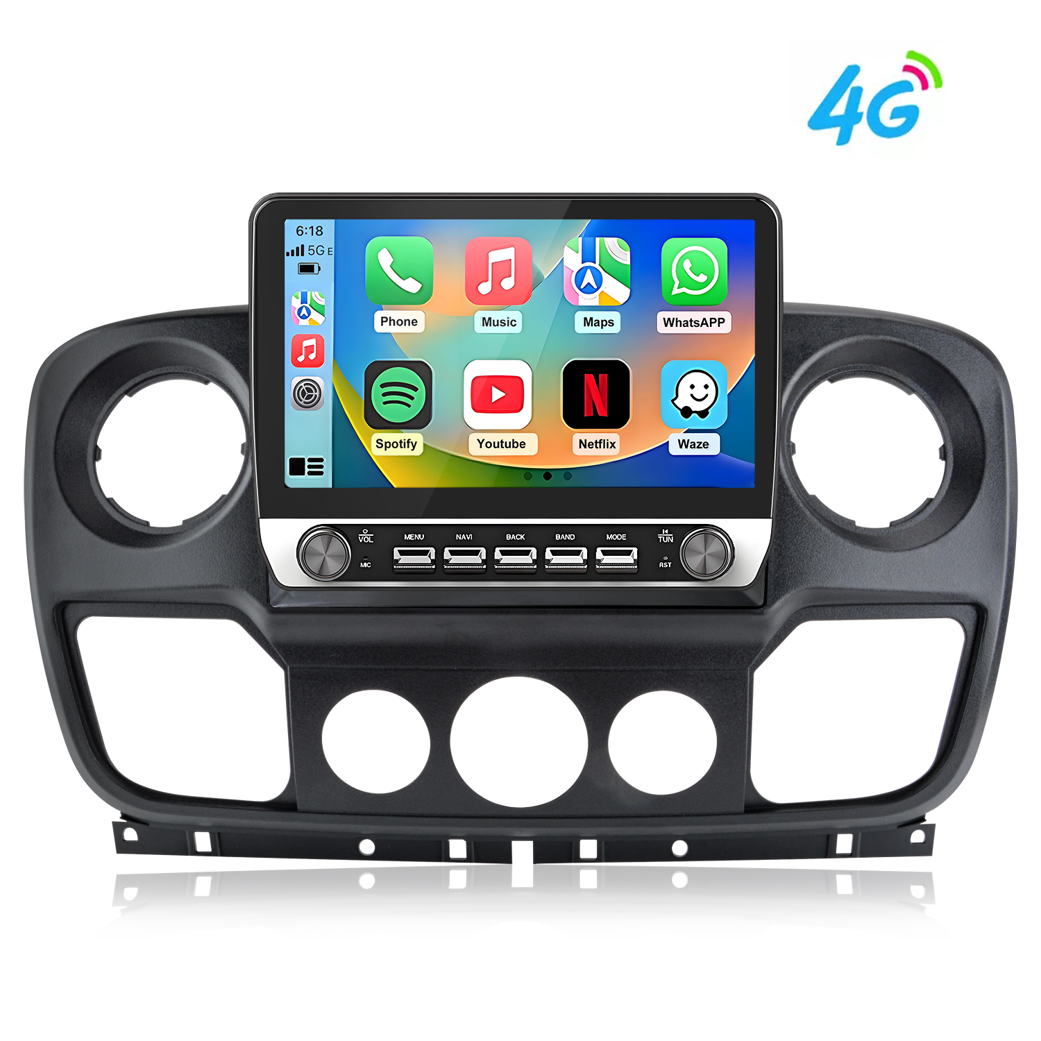Ein Autoradio-Display mit Apps wie Telefon, Musik, Karten und 4G-Symbol.