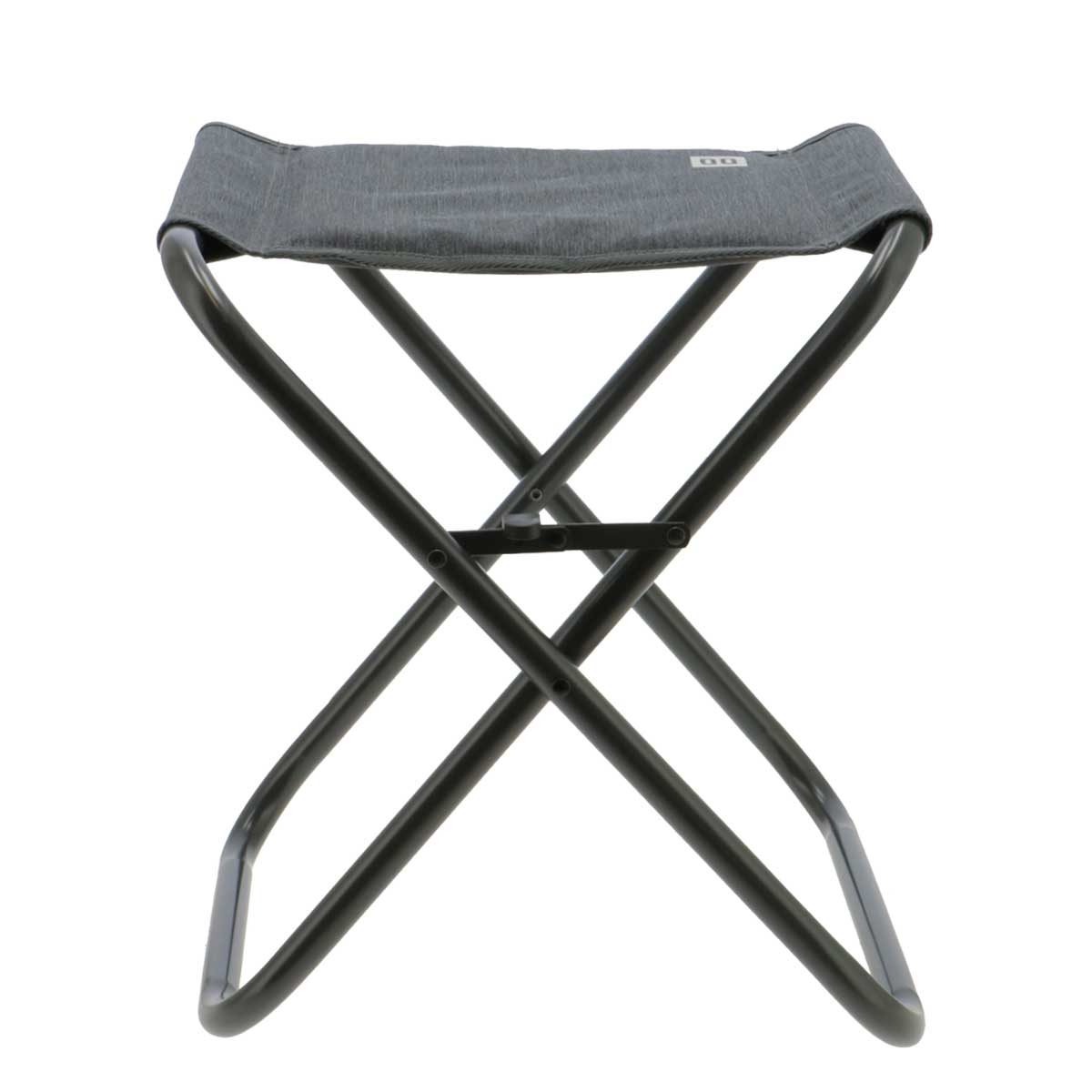Gray fabric folding stool with black metal frame, isolated on white.