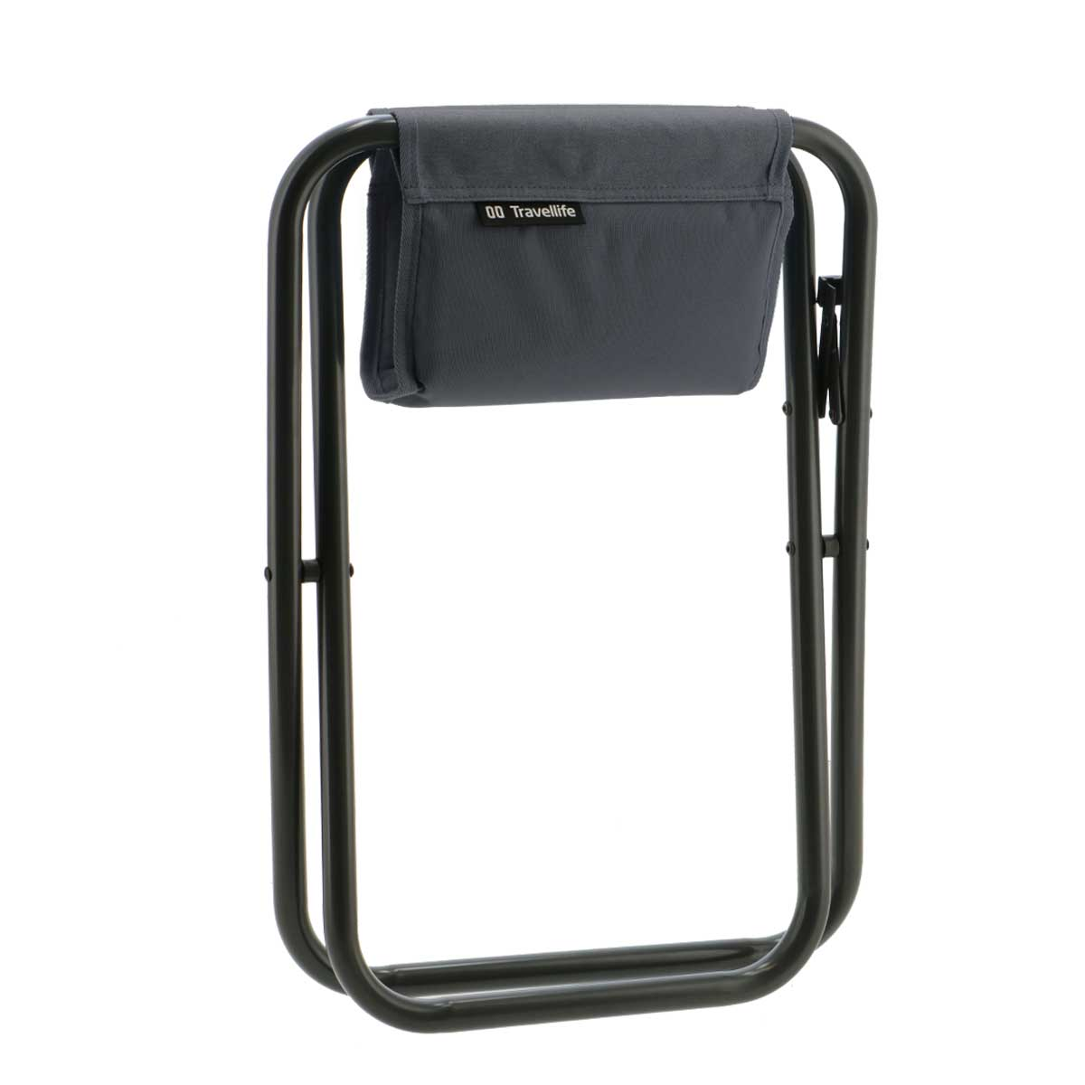 A gray foldable stool with a black metal frame and a fabric pouch.