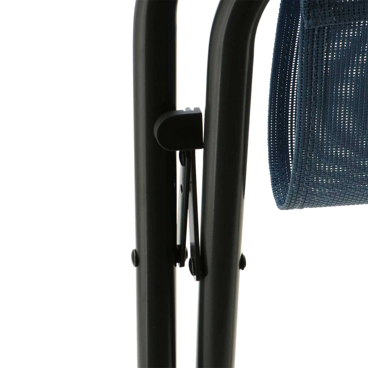 Close up of black metal frame with blue mesh fabric visible on the right.