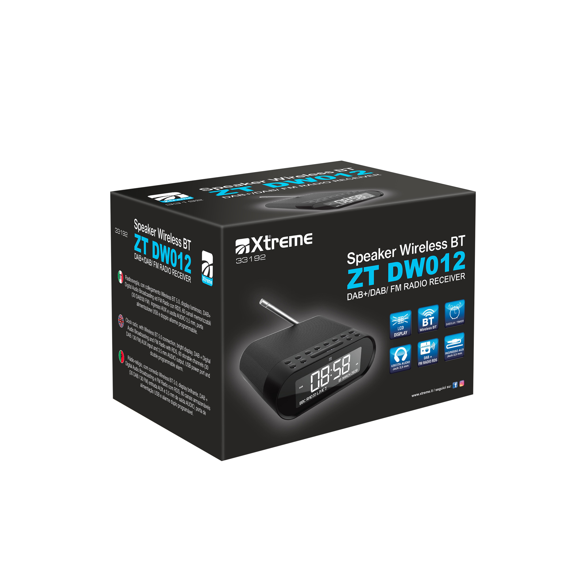 Altavoz Xtreme ZT DW012: Radiodespertador negro con pantalla, DAB+/FM, BT.