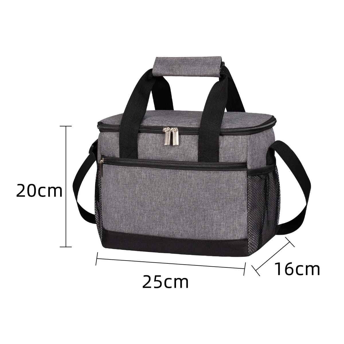 Graue Kühltasche mit schwarzen Trägern und Netztaschen. Maße: 25x16x20cm.