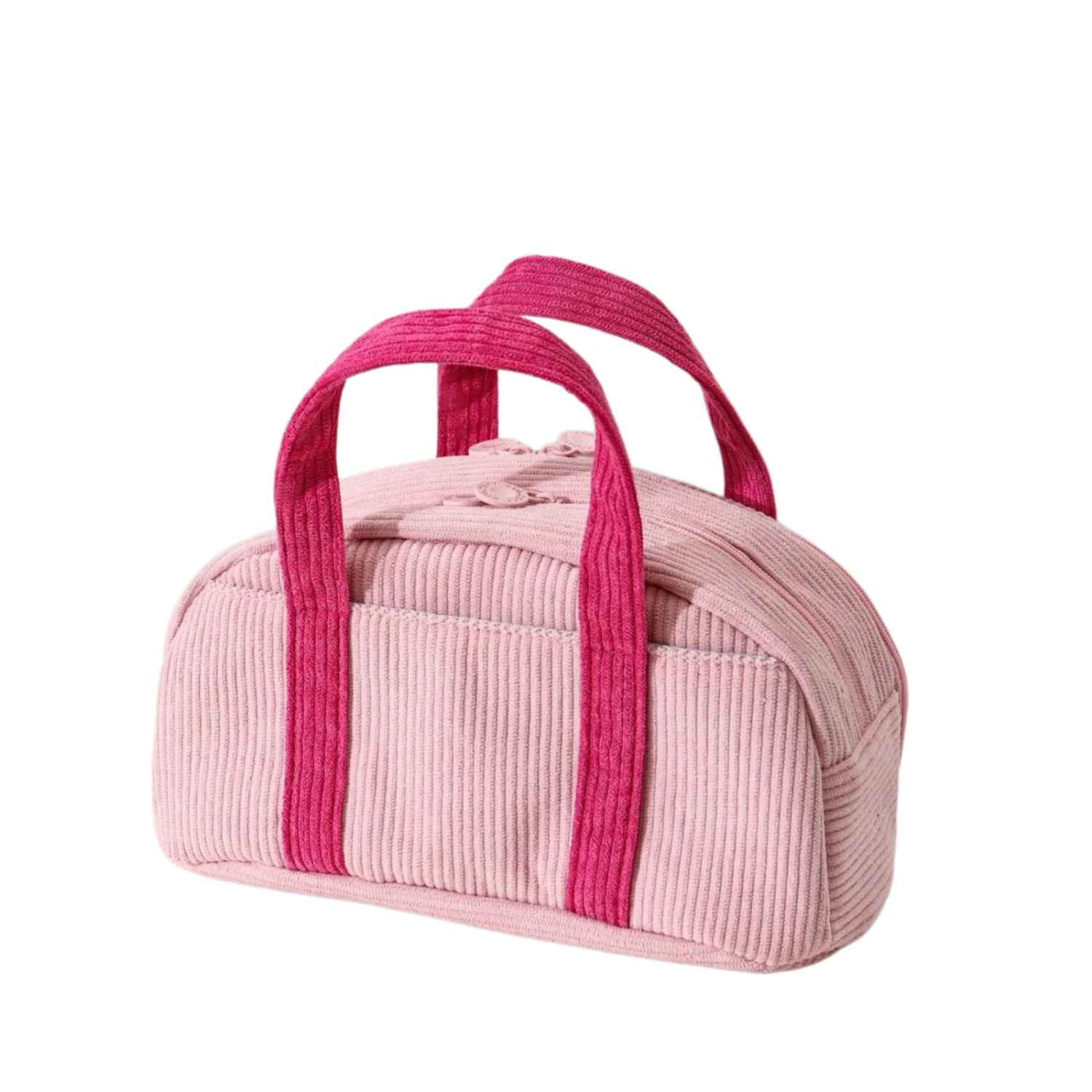 Eine rosafarbene Kordeltasche mit zwei pinken Henkeln, auf weißem Hintergrund.