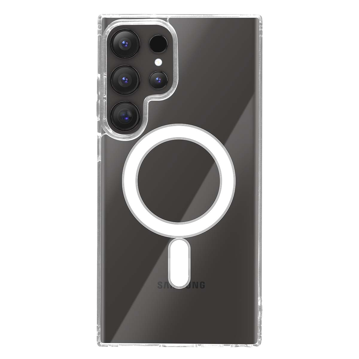 Funda transparente con lentes de cámara y anillo magnético blanco sobre fondo oscuro.
