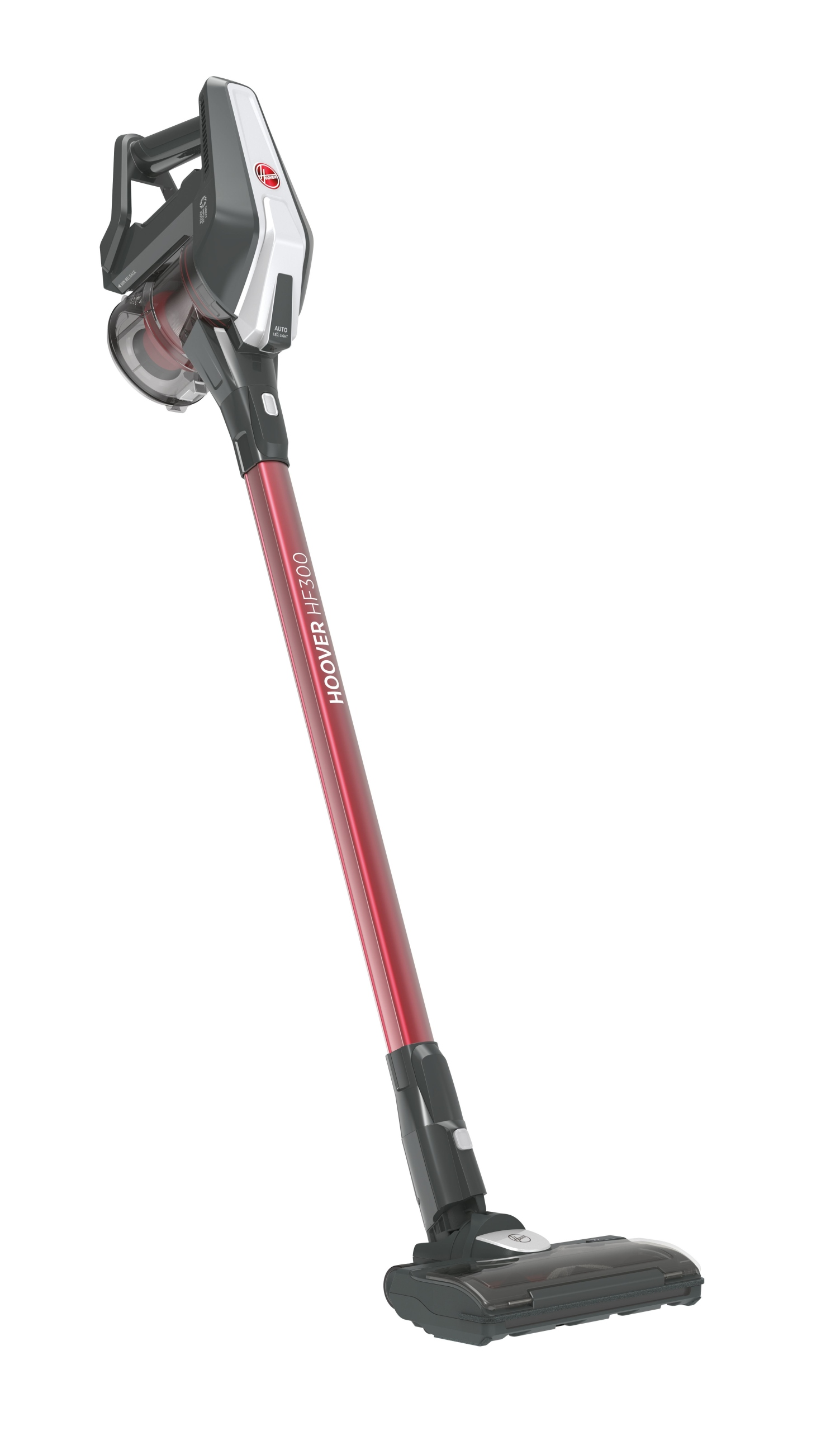 Ein roter Stabstaubsauger mit grauem Griff und schwarzem Boden auf weißem Hintergrund.