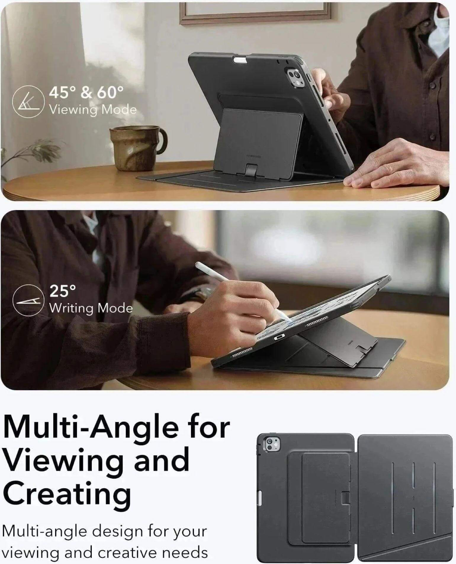 Ein Tablet im Ständer für verschiedene Blickwinkel. Oberes Bild: 45°/60° Ansicht. Unteres Bild: 25° Schreibmodus.