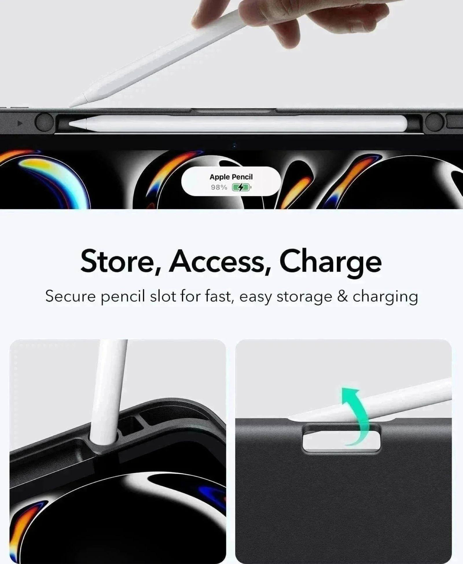 Ein iPad-Stift wird in einen Schlitz gesteckt, der auch lädt.
