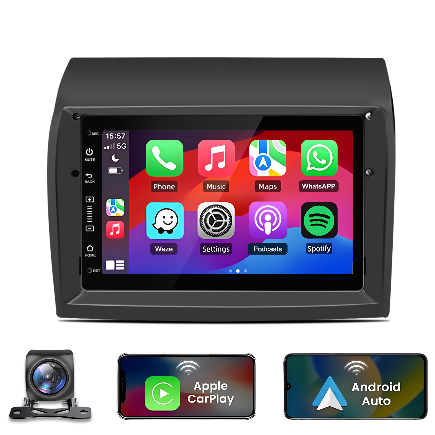 Ein Auto-Infotainment-System mit App-Symbolen, Rückfahrkamera und Handy-Screens.