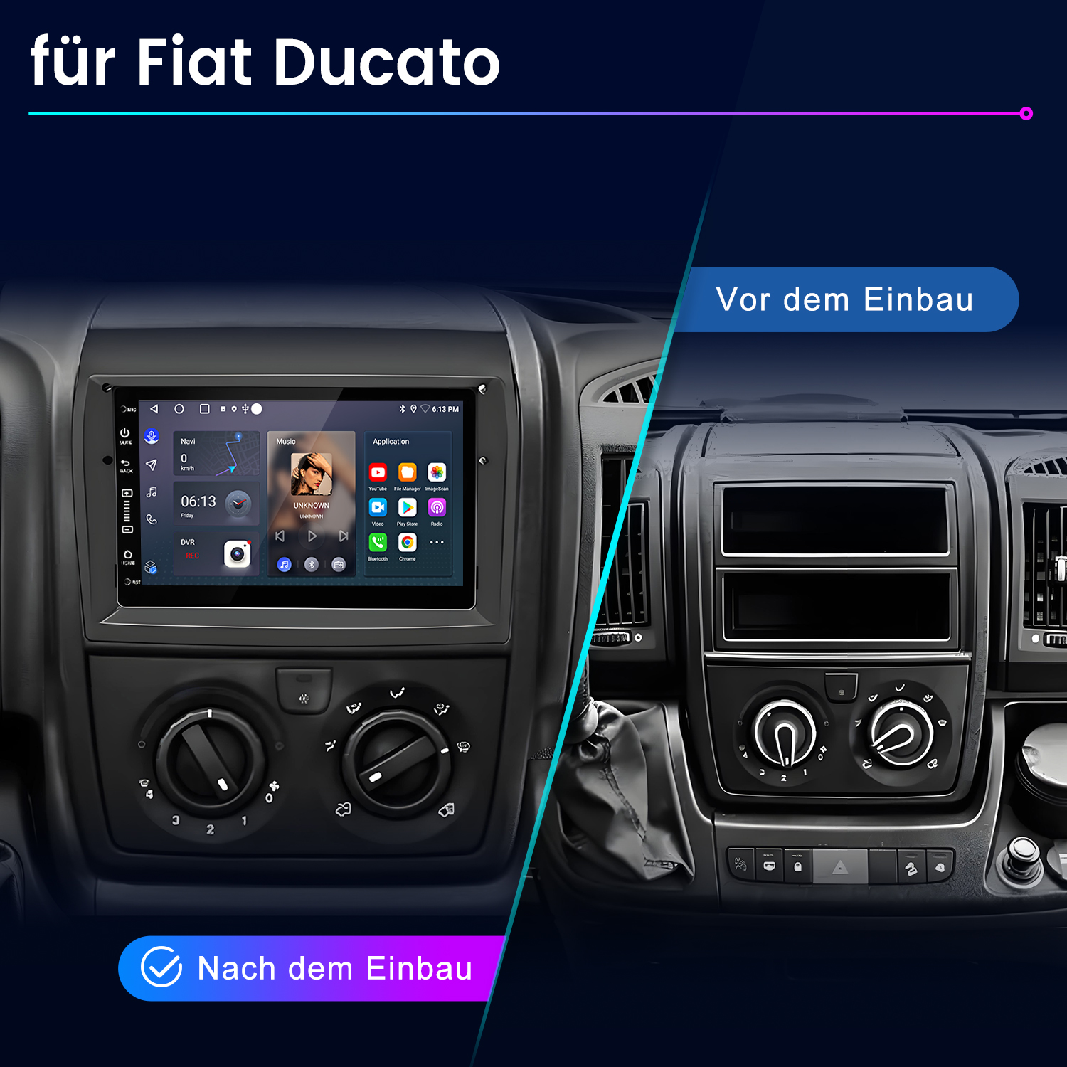 Fiat Ducato Armaturenbrett mit Radio vor und nach dem Einbau.