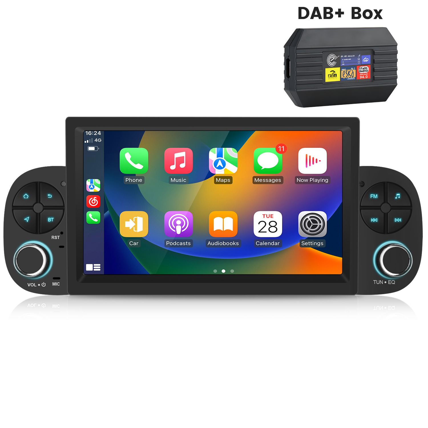Ein Autoradio mit Touchscreen und DAB+ Box. Zeigt Apps wie Telefon, Musik und Kalender.
