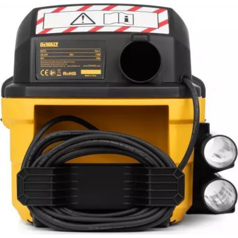 Aspirapolvere DeWalt giallo e nero con cavo avvolto e due luci laterali.
