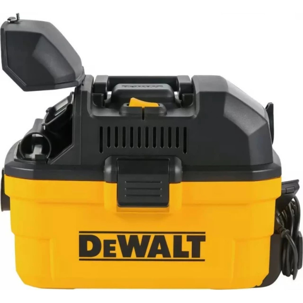 Un aspirapolvere DeWalt per liquidi e solidi, giallo e nero, con coperchio aperto.